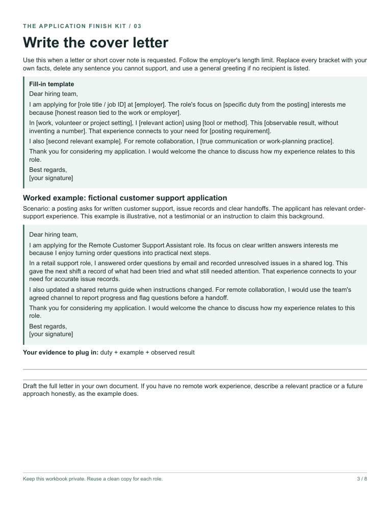 Page 3 of the kit: Write the cover letter.